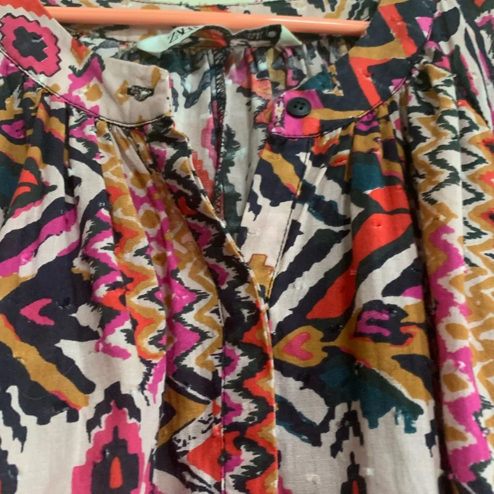 ZARA Boho Tunic Dress L Ikat Tribal Print Long Sleeve Button Cuff - Picture 4 of 15